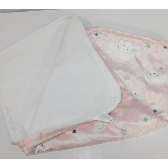 Blankets & Beyond Pink White Happy Clouds Gray Stars Baby Blanket 27" x 30" - Picture 4 of 6
